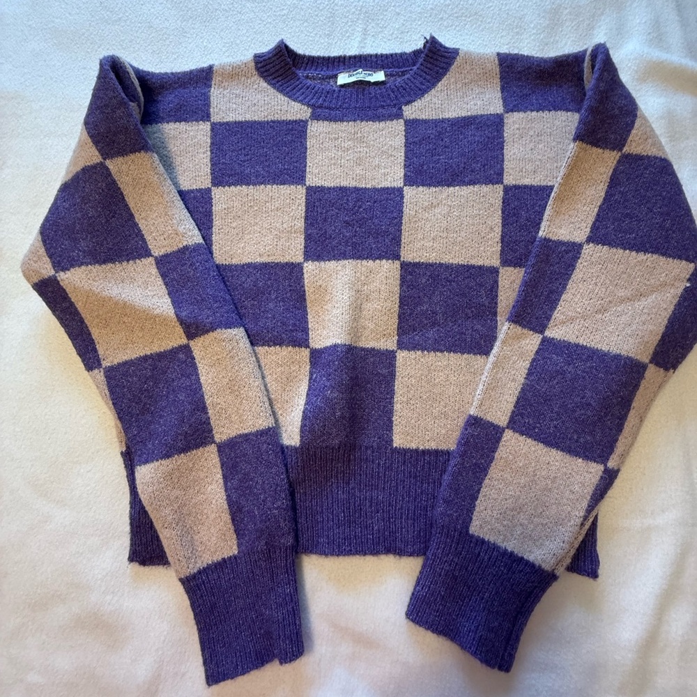 Double Zero Purple and Tan Checkered Sweater